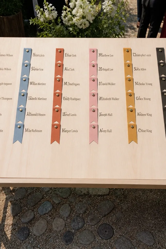 Seating chart with colored ribbon flags pointing to table rows and name lists
