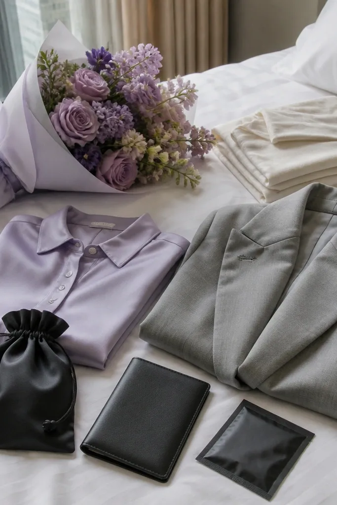 Lilac blouse with dove gray trousers and black tea flats