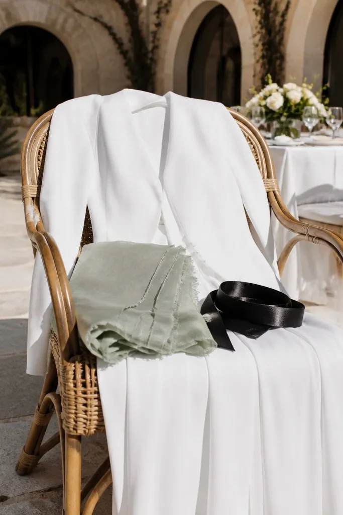 White jumpsuit with sage scarf and black ribbon belt