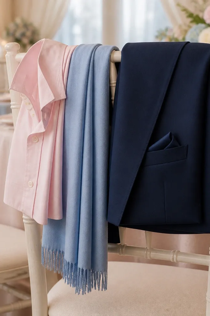 Pale pink dress with powder blue cardigan and navy flats