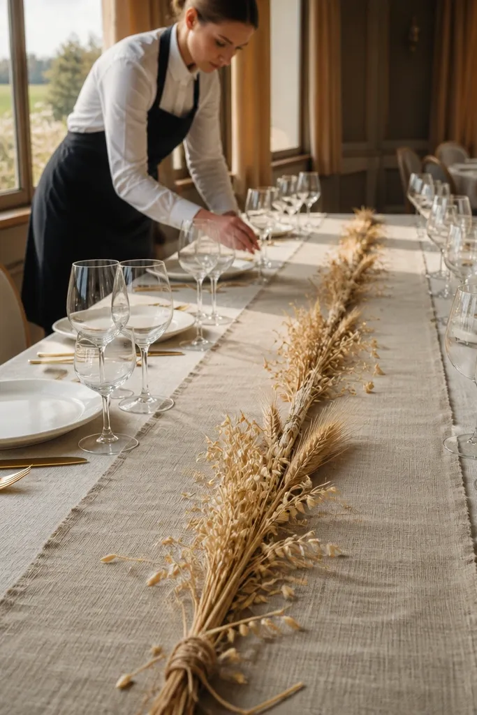 Cream linen runner with one straight line of dried flowers across the center
