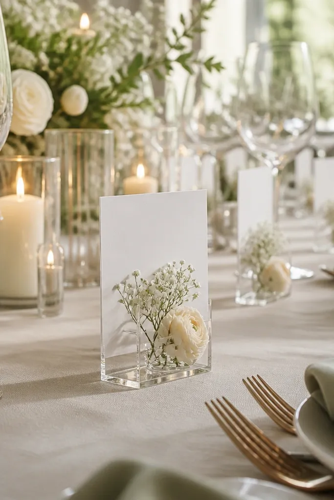 Clear acrylic place card stands with small white flowers at each setting