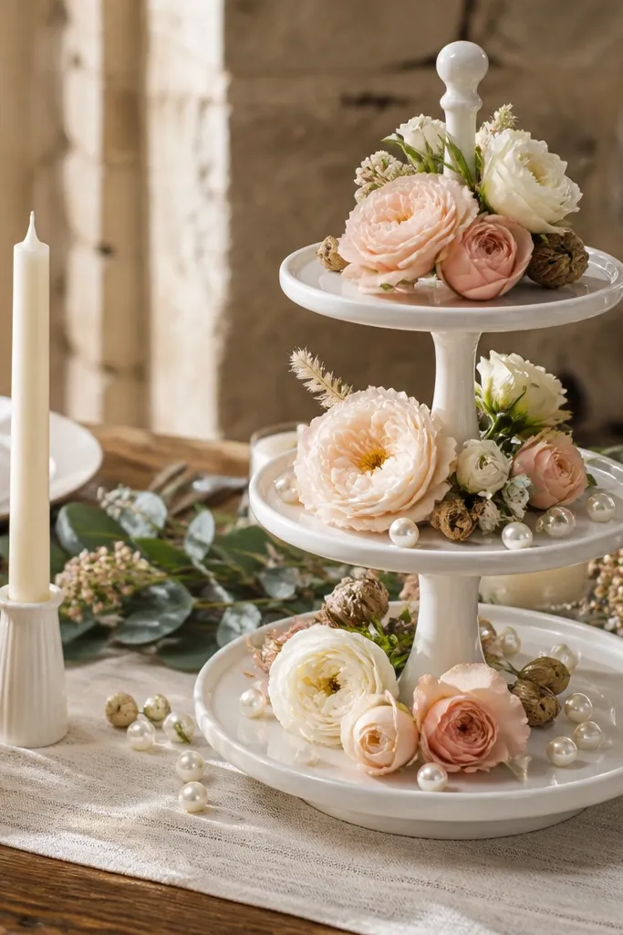White tiered tray with small flowers and candles grouped on a wedding table