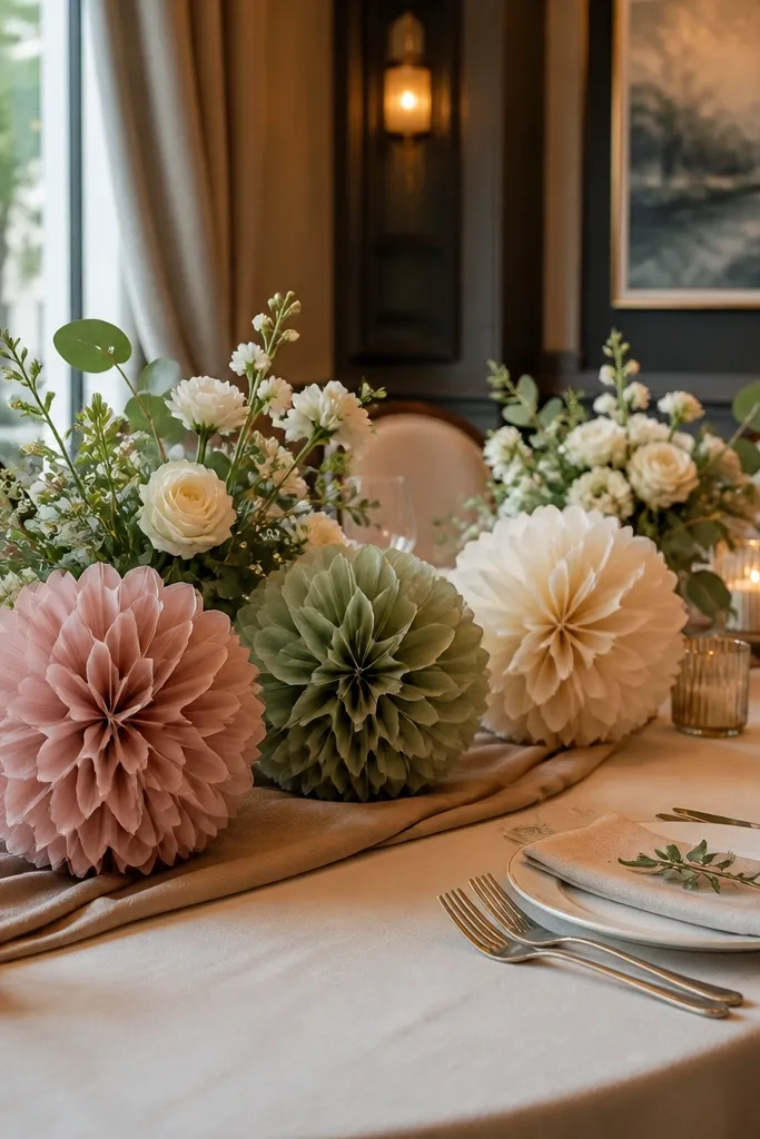 Small paper fan pom-poms in blush and sage placed along a table runner