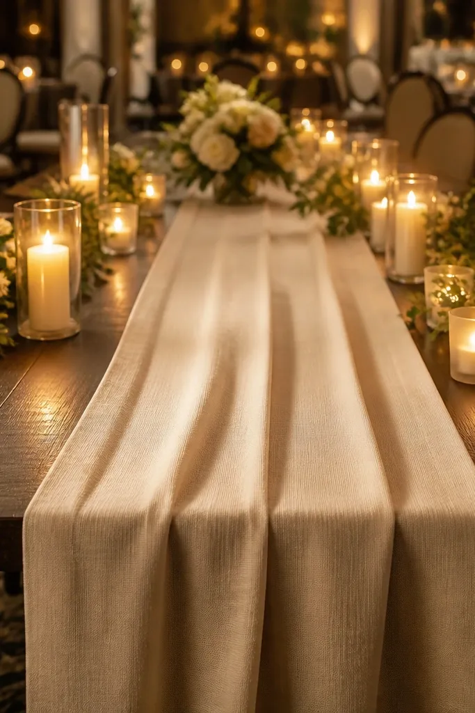 Champagne table runner with white candles in gold holders and small greenery sprigs