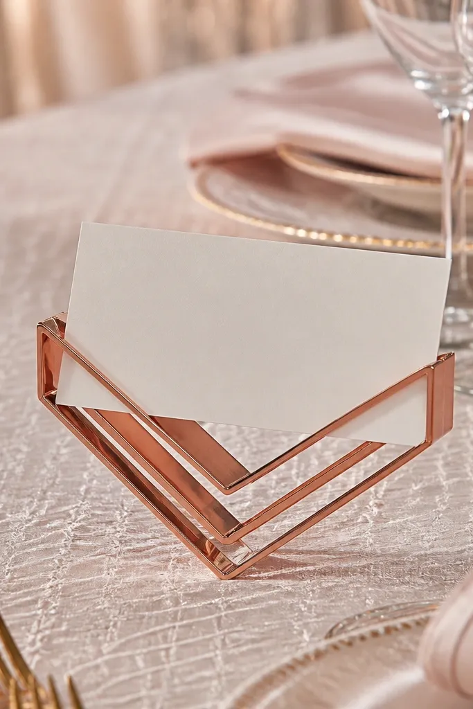 Rose gold geometric place card stand with white cards and small greenery accents