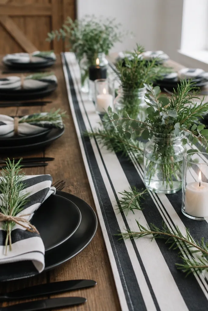 Black and white striped runner with small herb bundles and black candles