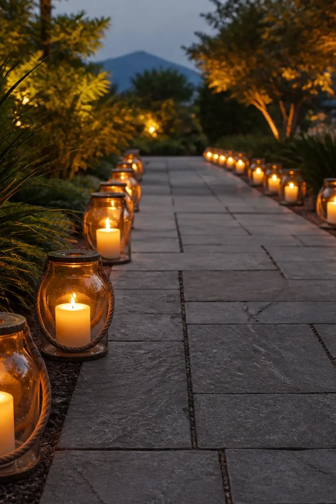 Ivory lanterns with candles and linen-wrapped details on a walkway