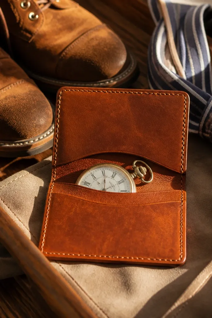 Brown leather card holder with gold clasp and small gift card