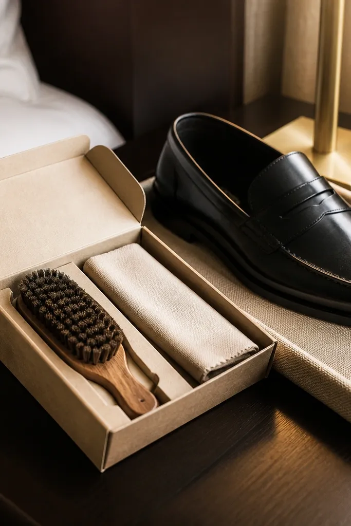 Black shoe brush and cream shine cloth laid neatly on a card