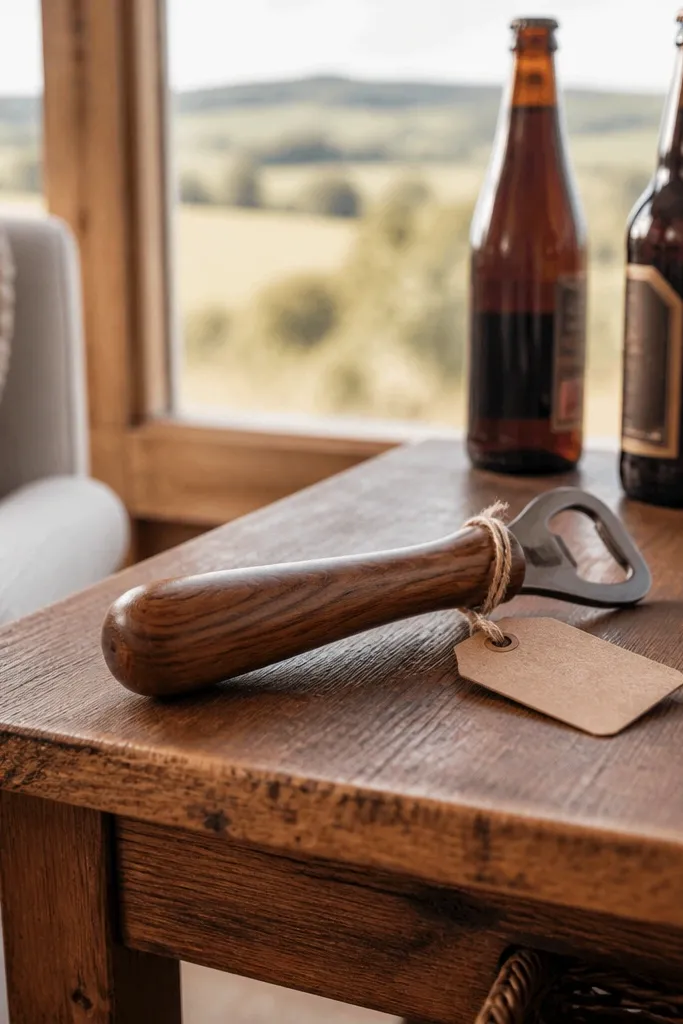 Wood bottle opener with engraved name and a small kraft gift tag