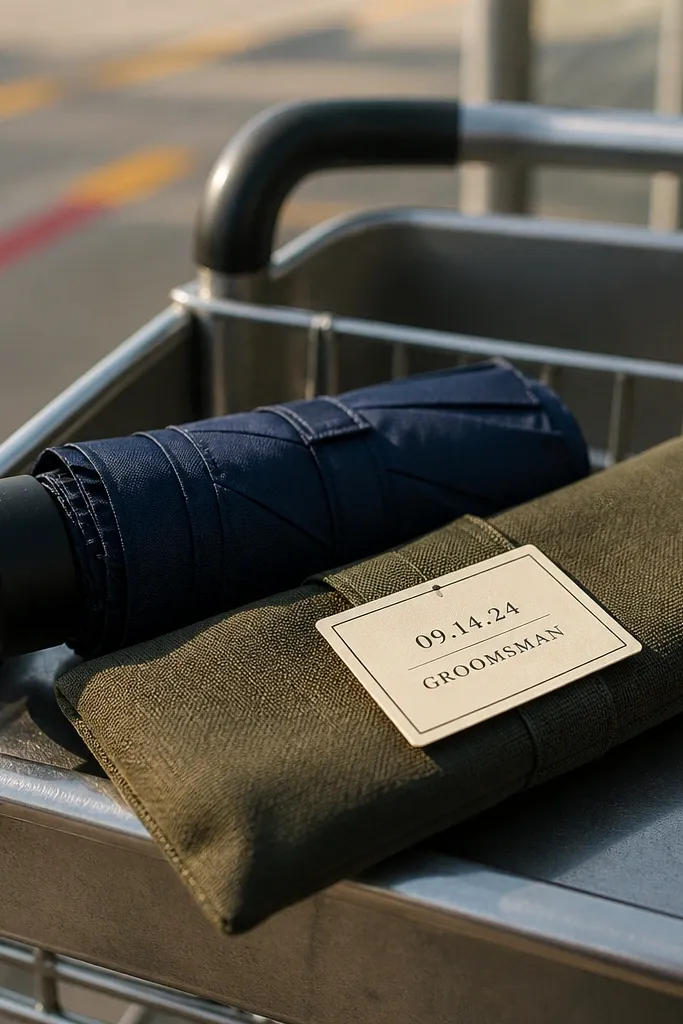Compact black umbrella with a fabric sleeve and date label