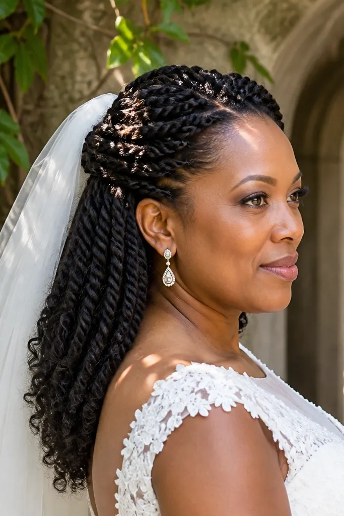 Twisted half-up style with a veil comb centered above the forehead