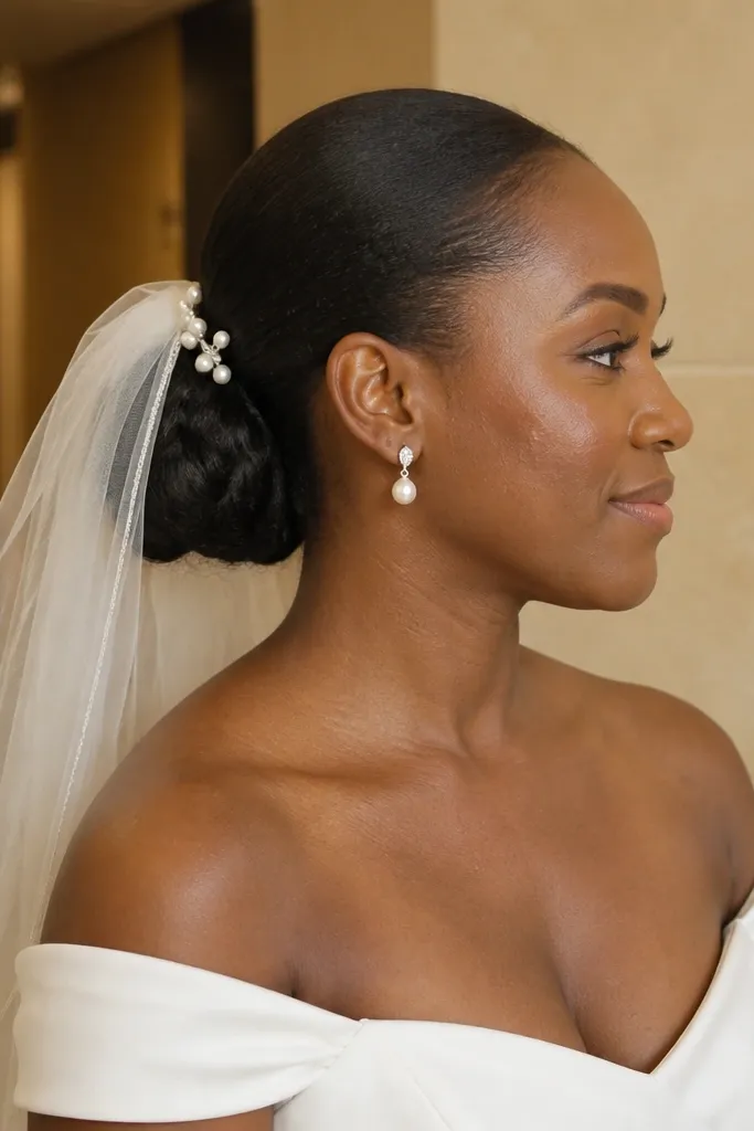 Low chignon bun with pearl pins and a veil comb at the crown