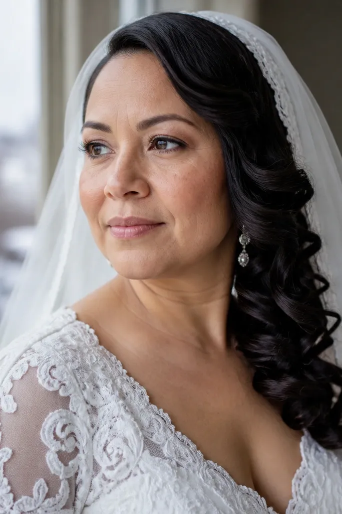 Side-swept curls with the veil draped over the temples