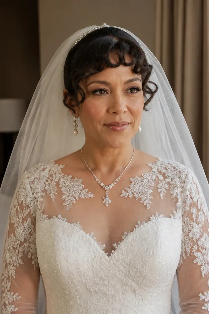 Pin-curled fringe with a soft veil comb placed above the forehead
