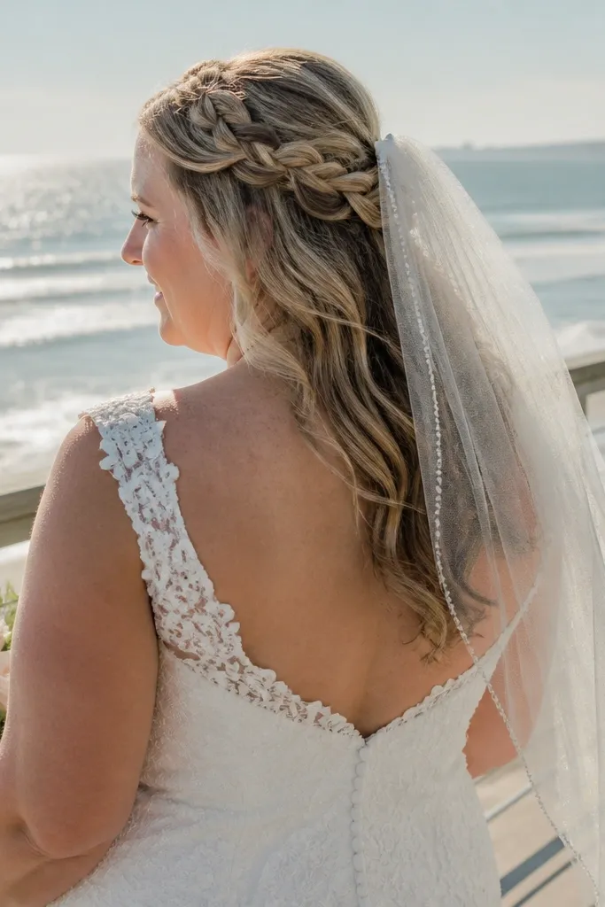 Half-up crown braid with veil clip overlapping the braid