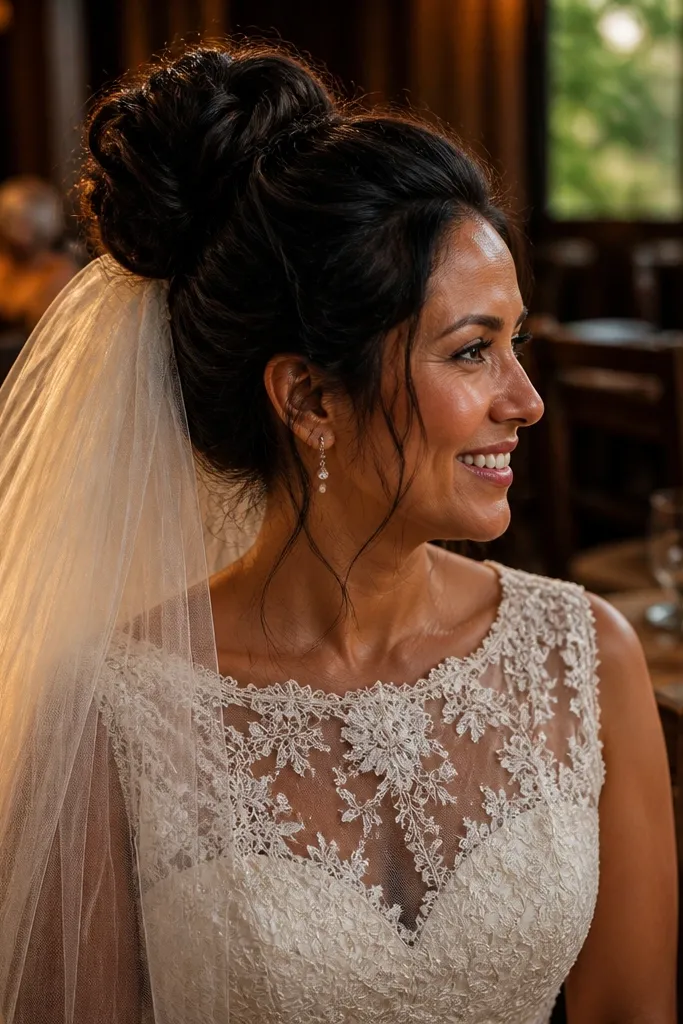 Slightly messy bun with veil pinned at the outer edges