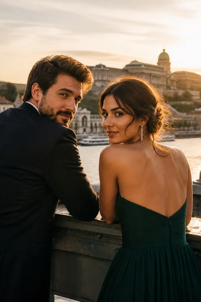 Couple leaning on a bridge railing, one looks back over the shoulder