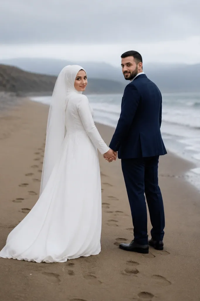 Couple in beach sand, turning toward each other with footprints behind