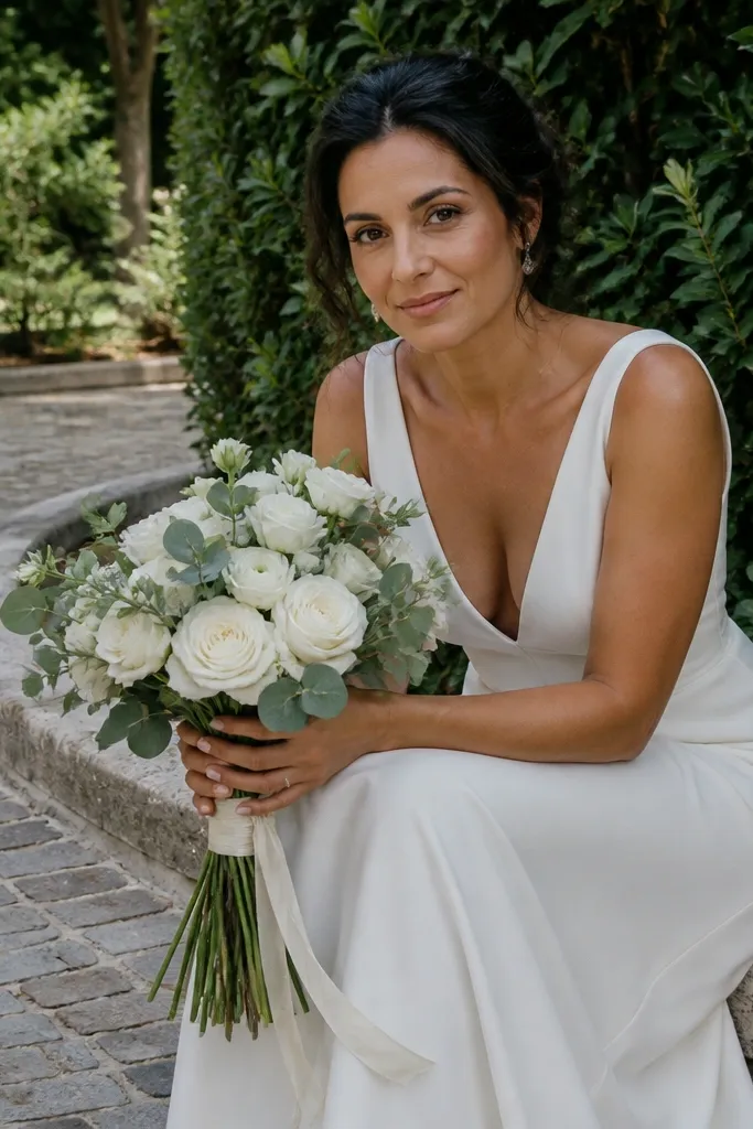 Couple sitting on a garden path, bouquet cradled between them