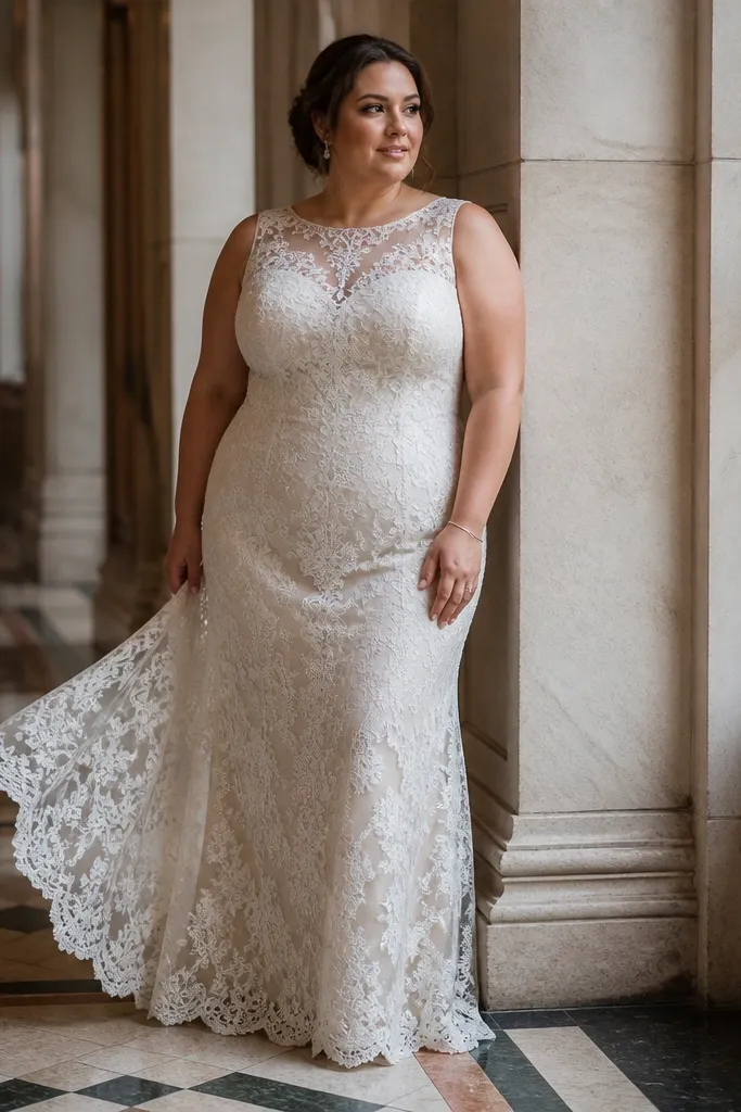 Ivory lace sheath gown with illusion panels and scalloped hem