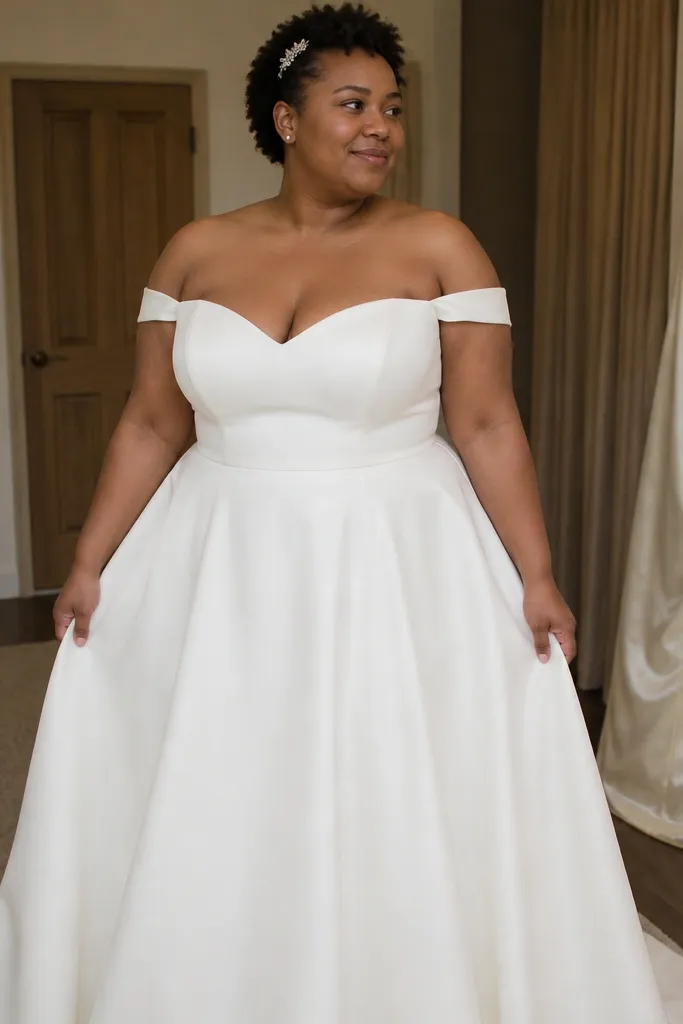 Ivory off-the-shoulder crepe gown with bust cups and full skirt