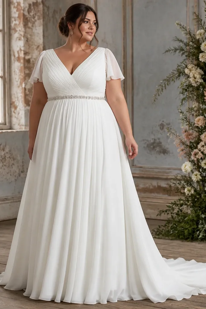 Ivory chiffon empire dress with a belt and soft train