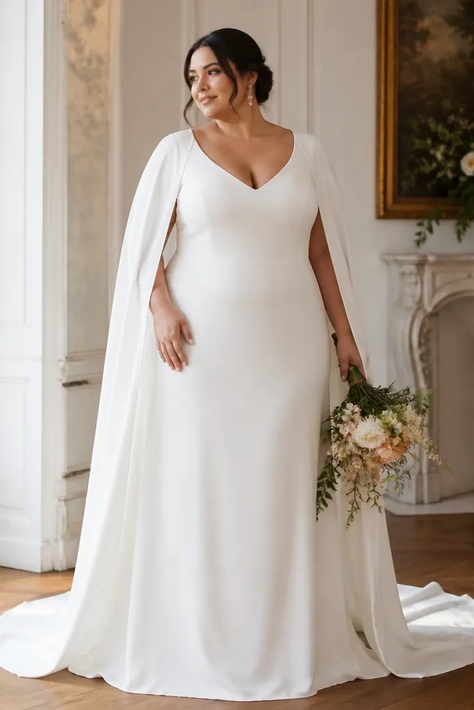 Ivory crepe gown with cape sleeves and a tapered A-line skirt