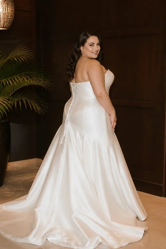 Ivory satin dress with corset back and fit-and-flare skirt