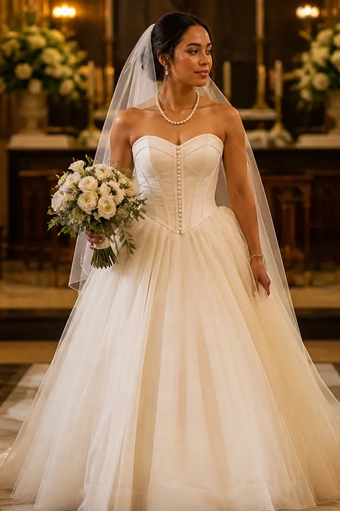 Ivory ballgown with a corset bodice and pearl buttons, full tulle skirt