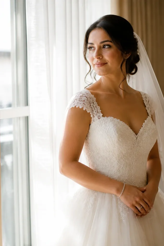 Ivory A-line gown with cap sleeves, sweetheart neckline, and layered tulle skirt