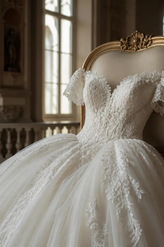 Ivory lace off-shoulder ballgown with layered tulle skirt