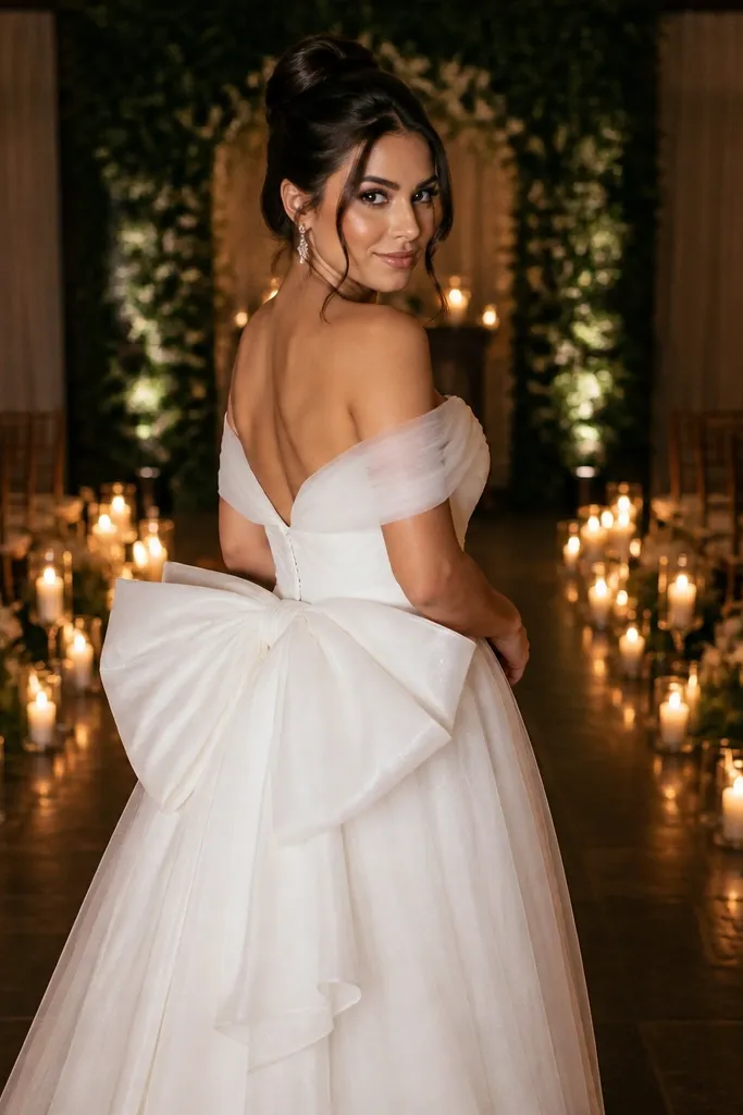 Ivory off-shoulder tulle gown with a large bow at the back