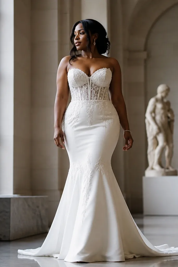 Ivory mermaid gown with lace corset bodice and subtle flare at the bottom