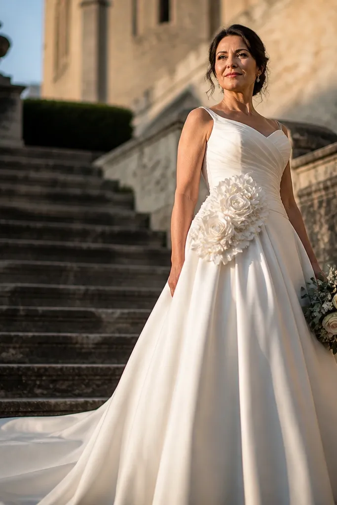 Ivory gown with 3D rose appliqué at the waist and flowing skirt