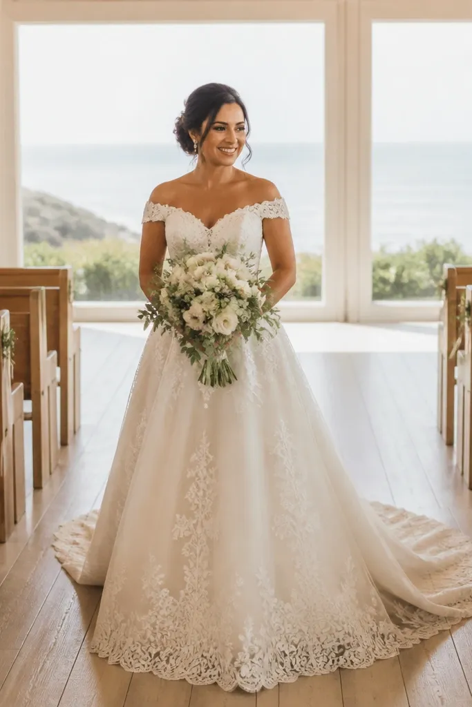 Ivory A-line gown with lace scalloped hem and short train