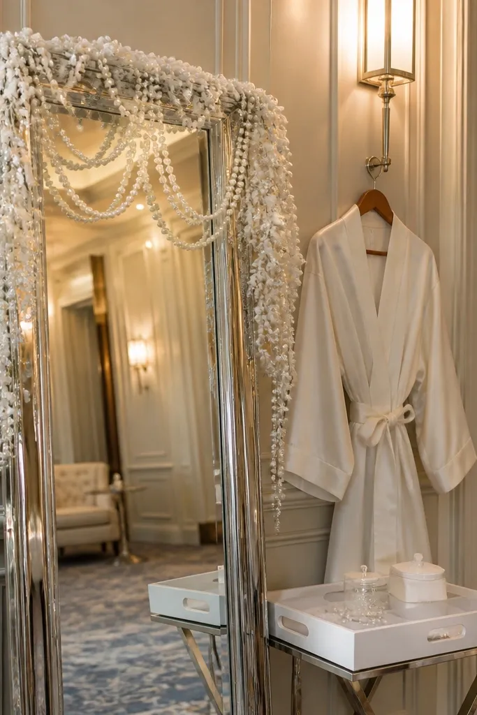White faux pearl garland draped across a mirror frame