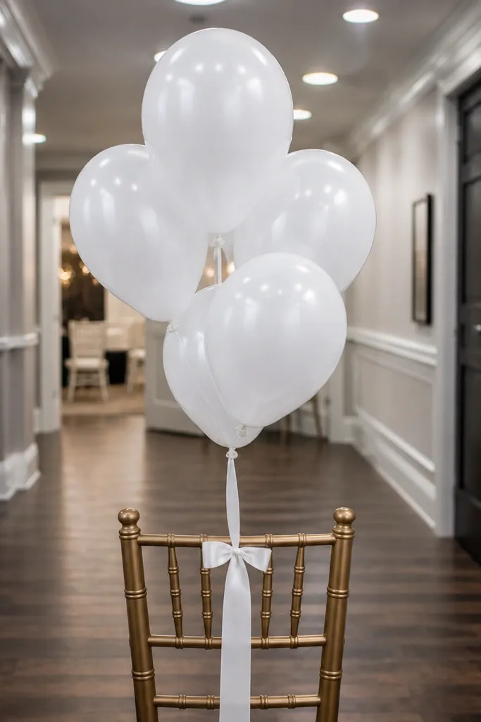 Small cluster of white balloons with one long satin ribbon tail
