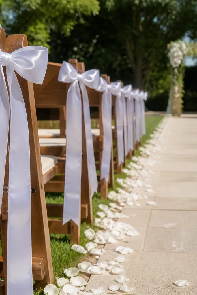 White ribbon markers tied to chair backs along an aisle