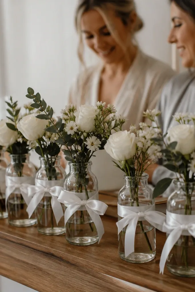 Clear bottles wrapped in white ribbon with small white stems inside