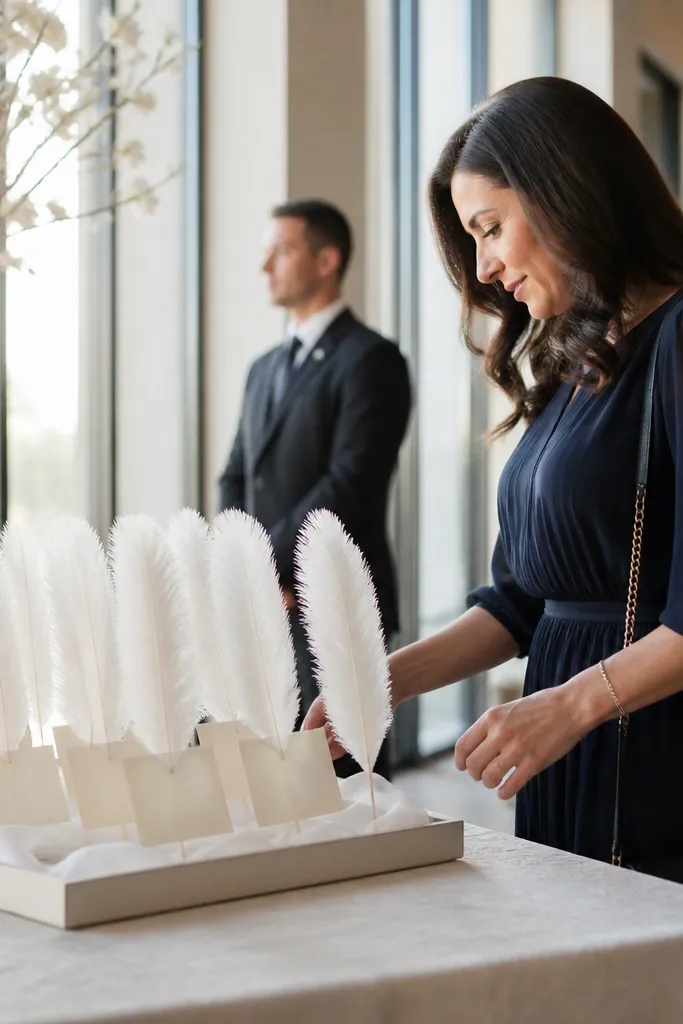 White feather place card holders standing on a table with small cards