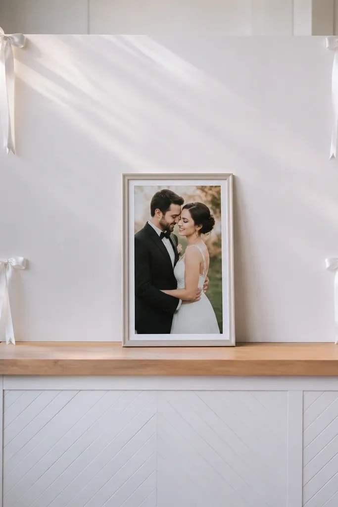 White ribbon corners attached to a backdrop panel forming a frame