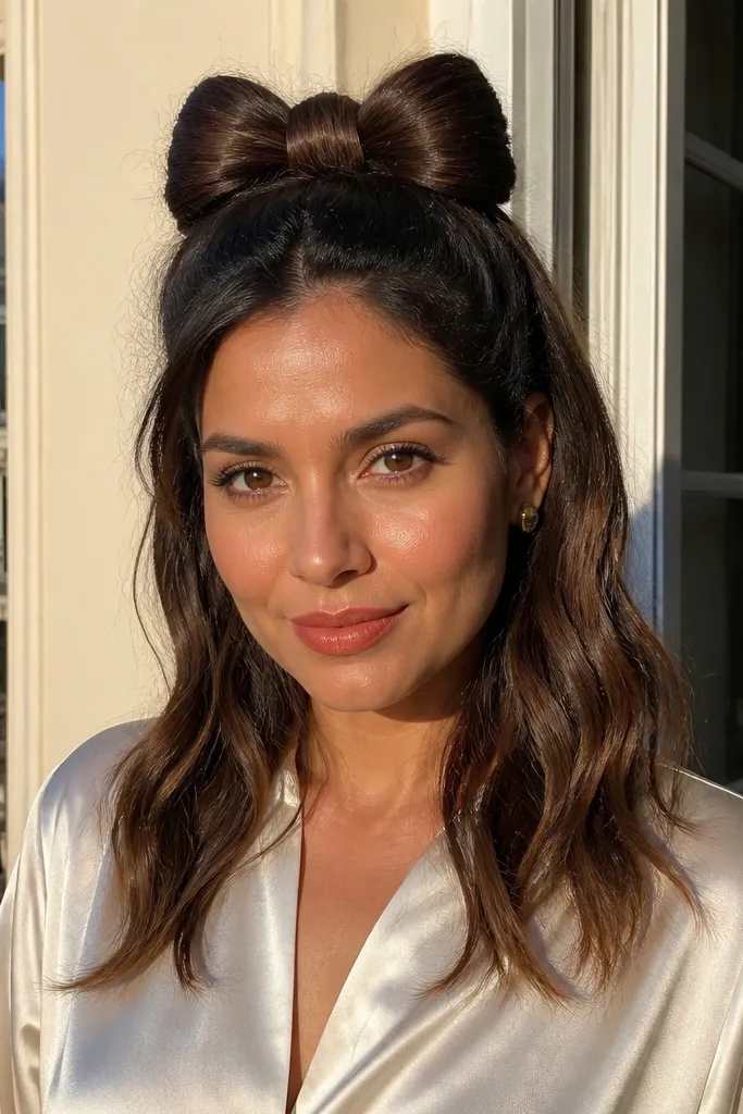 Half-up hairstyle shaped into a small bow with pinned loops