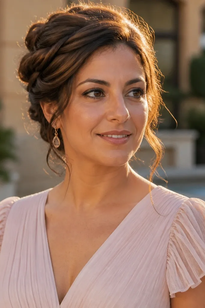 Medium hair with a ribbon-like wrap knot using a strand and pins