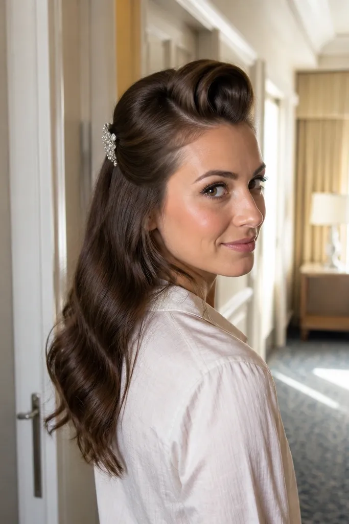Half-up victory rolls with a smooth top and pinned ends