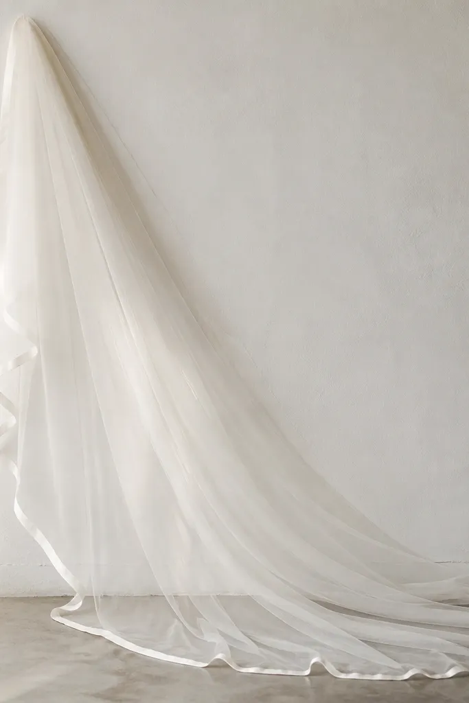 Bride holding a veil that flows against a smooth white wall