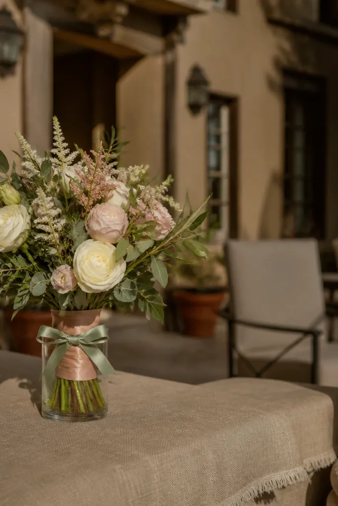 Bouquet wrapped in ribbon resting on a simple bench with neutral tones