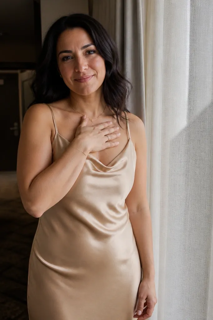 Couple with hand over heart standing beside a curtain edge
