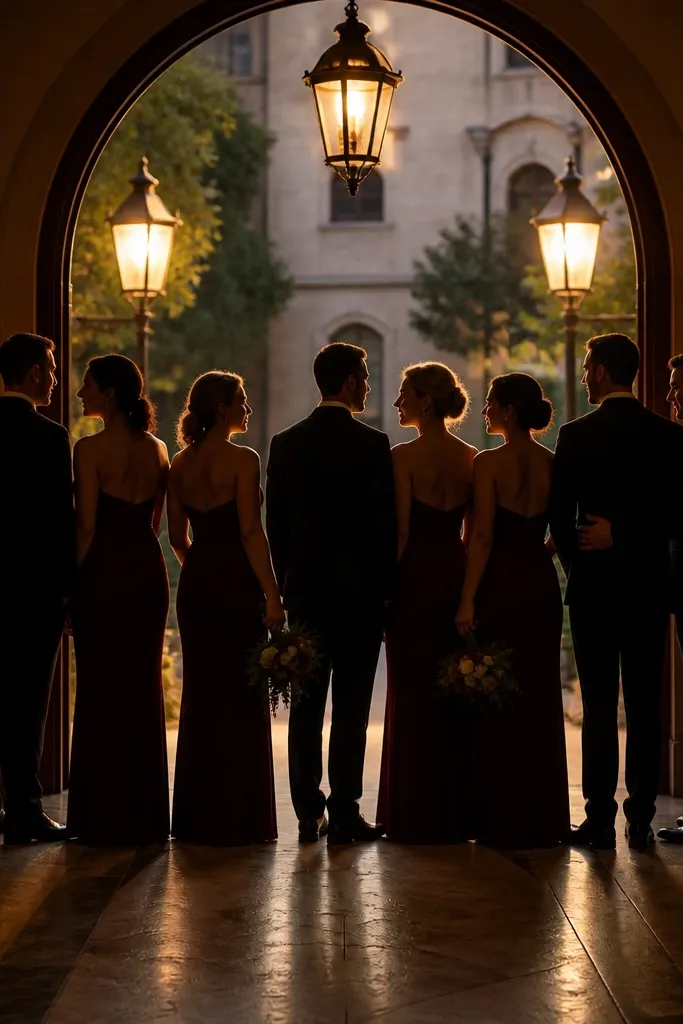 Wedding party standing in silhouette between two doorways